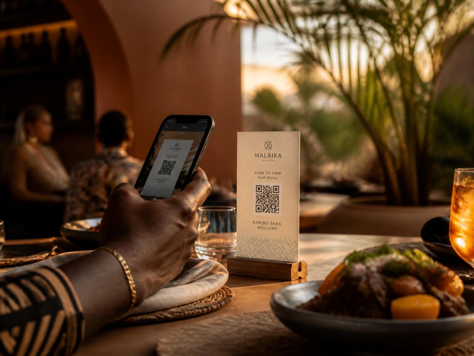 Restaurant guest scanning a table QR code to open a digital menu